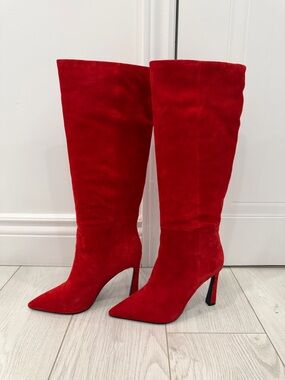 L'INTERVALLE Red Suede Over-the-Knee Pointed Toe Stiletto Boots